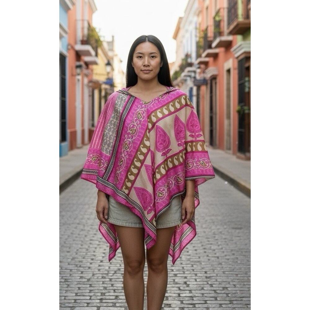 Darn Good Recycled Silk Blend Hooded Poncho Pink Paisley Boho Hippie One Size R